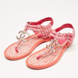 Chanel Pink Tweed Embellished CC Thong Flat Sandals Size 38.5