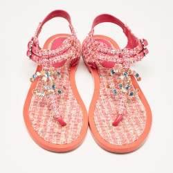 Chanel Pink Tweed Embellished CC Thong Flat Sandals Size 38.5