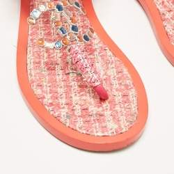 Chanel Pink Tweed Embellished CC Thong Flat Sandals Size 38.5
