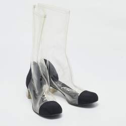Chanel Black/Transparent Fabric and PVC CC Calf Length Boots Size 42