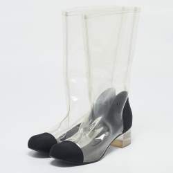 Chanel Black/Transparent Fabric and PVC CC Calf Length Boots Size 42