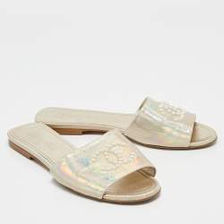 Chanel Iridescent Leather CC Pear Embellished Flat Slides Size 39