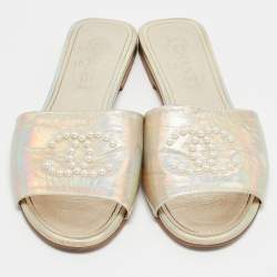 Chanel Iridescent Leather CC Pear Embellished Flat Slides Size 39