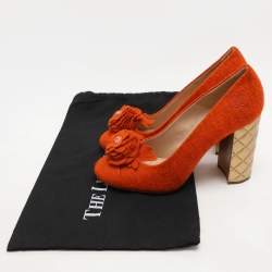 Chanel Orange Felt Embellished Quilted Block Heel Pumps Size 40