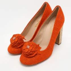 Chanel Orange Felt Embellished Quilted Block Heel Pumps Size 40