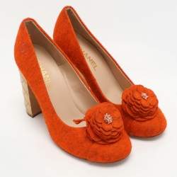 Chanel Orange Felt Embellished Quilted Block Heel Pumps Size 40