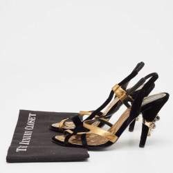 Pre Owned Chanel Black/Gold Leather and Velvet Slingback Sandals Size 39