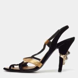 Pre Owned Chanel Black/Gold Leather and Velvet Slingback Sandals Size 39