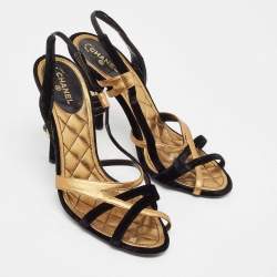 Pre Owned Chanel Black/Gold Leather and Velvet Slingback Sandals Size 39