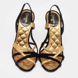 Pre Owned Chanel Black/Gold Leather and Velvet Slingback Sandals Size 39