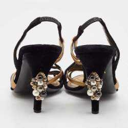 Pre Owned Chanel Black/Gold Leather and Velvet Slingback Sandals Size 39