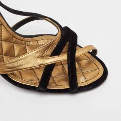 Pre Owned Chanel Black/Gold Leather and Velvet Slingback Sandals Size 39