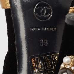 Pre Owned Chanel Black/Gold Leather and Velvet Slingback Sandals Size 39