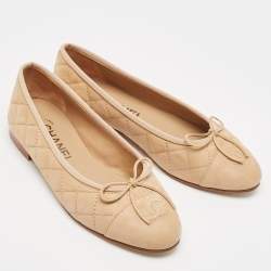 Chanel Beige Quilted Nubuck Leather CC Cap Toe Bow Ballet Flats Size 36
