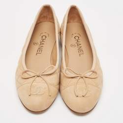 Chanel Beige Quilted Nubuck Leather CC Cap Toe Bow Ballet Flats Size 36