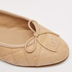 Chanel Beige Quilted Nubuck Leather CC Cap Toe Bow Ballet Flats Size 36
