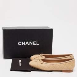 Chanel Beige Quilted Nubuck Leather CC Cap Toe Bow Ballet Flats Size 36