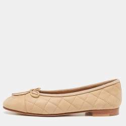Chanel Beige Quilted Nubuck Leather CC Cap Toe Bow Ballet Flats Size 36