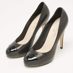 Pre Owned Chanel Black Patent and Leather CC Cap Toe Platform Pumps Size 41