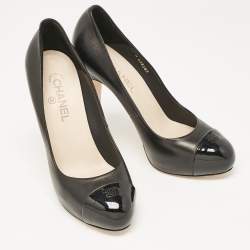 Pre Owned Chanel Black Patent and Leather CC Cap Toe Platform Pumps Size 41
