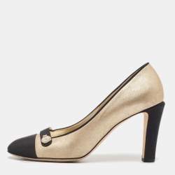 Pre Owned Chanel Metallic Gold/Black Suede and Grosgrain CC Pearl Cap Toe Pumps Size 40.5