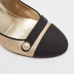 Pre Owned Chanel Metallic Gold/Black Suede and Grosgrain CC Pearl Cap Toe Pumps Size 40.5
