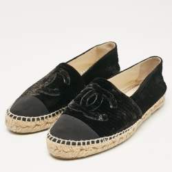 Pre Owned Chanel Black Velvet and Canvas Cap Toe CC Espadrille Flats Size 38
