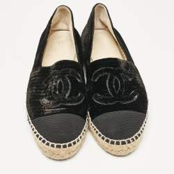 Pre Owned Chanel Black Velvet and Canvas Cap Toe CC Espadrille Flats Size 38