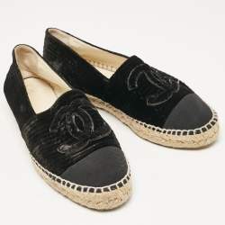 Pre Owned Chanel Black Velvet and Canvas Cap Toe CC Espadrille Flats Size 38