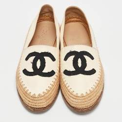 Chanel Beige/Black Leather and Raffia CC Espadrille Flats Size 37