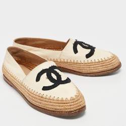 Chanel Beige/Black Leather and Raffia CC Espadrille Flats Size 37