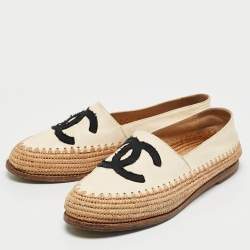 Chanel Beige/Black Leather and Raffia CC Espadrille Flats Size 37
