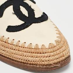 Chanel Beige/Black Leather and Raffia CC Espadrille Flats Size 37