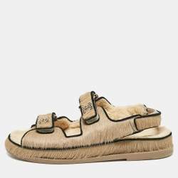 Pre Owned Chanel Brown Calf Hair and Shearling Fur Dad Slingback Sandals Size 40.5