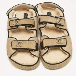 Pre Owned Chanel Brown Calf Hair and Shearling Fur Dad Slingback Sandals Size 40.5