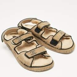 Pre Owned Chanel Brown Calf Hair and Shearling Fur Dad Slingback Sandals Size 40.5