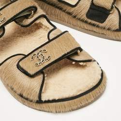 Pre Owned Chanel Brown Calf Hair and Shearling Fur Dad Slingback Sandals Size 40.5