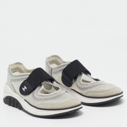 Pre Owned Chanel Grey/Black Mesh Slip On Sneakers Size 38