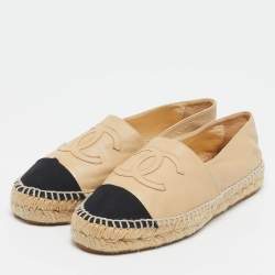 Chanel Beige/Black Leather  and Canvas CC Cap Toe Espadrille Flats Size 38