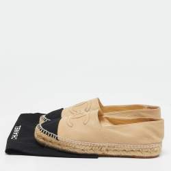Chanel Beige/Black Leather  and Canvas CC Cap Toe Espadrille Flats Size 38