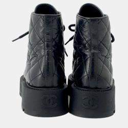 Chanel Black Matelasse Lambskin Combat Boots 38C