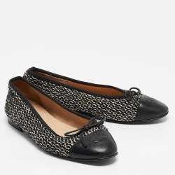 Pre Owned Chanel White/Black Leather and Lurex Fabric CC Ballet Flats Size 38