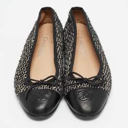 Pre Owned Chanel White/Black Leather and Lurex Fabric CC Ballet Flats Size 38