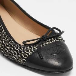 Pre Owned Chanel White/Black Leather and Lurex Fabric CC Ballet Flats Size 38