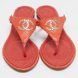 Chanel Orange Python Leather CC Thong Flat Slides  Size 38