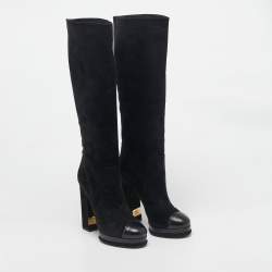 Chanel Black Suede Cap Toe Platform Knee Length Boots Size 40