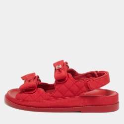 Chanel Red Quilted Fabric Dad Bow Flat Sandals Size 36.5