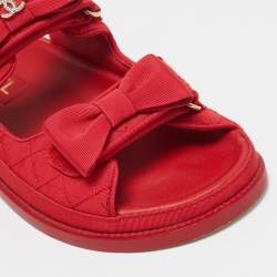 Chanel Red Quilted Fabric Dad Bow Flat Sandals Size 36.5