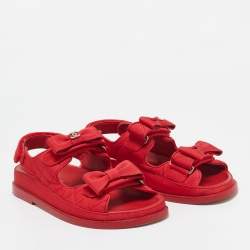 Chanel Red Quilted Fabric Dad Bow Flat Sandals Size 36.5
