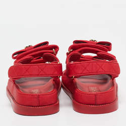 Chanel Red Quilted Fabric Dad Bow Flat Sandals Size 36.5